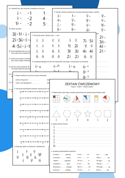 Zestaw powtórzeniowy. Karta pracy. Ułamki zwykłe. Klasa 4