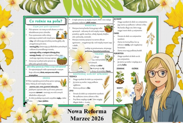 Sketchnotka/notatka - dla ucznia i przypomnienie dla nauczyciela w pdf. Temat "Co rośnie na polu?". Przyroda 4. "Odkrywam przyrodę" zgodna z wydawnictwem Nowa Era. Dział "Życie na lądzie".