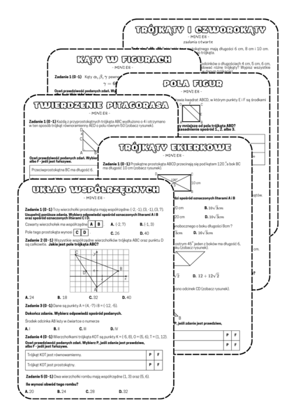 PAKIET Geometria - egzamin ósmoklasisty. Kąty, pola, twierdzenie Pitagorasa, trójkąty 30,60,60 i 45,45,90. Klasa 8. Klasa 7