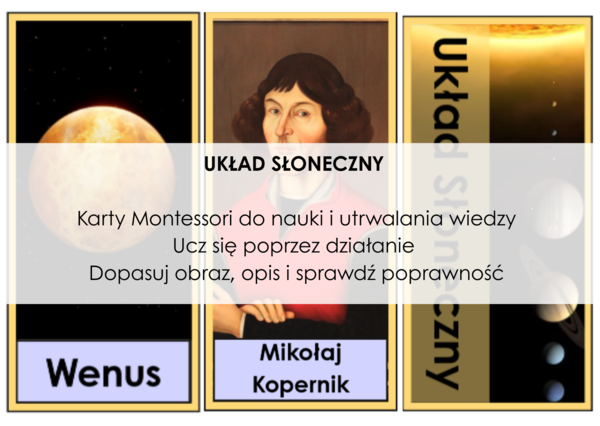 Układ Słoneczny – karty Montessori (dopasowywanie + karty kontrolne, wielokrotnego użytku)