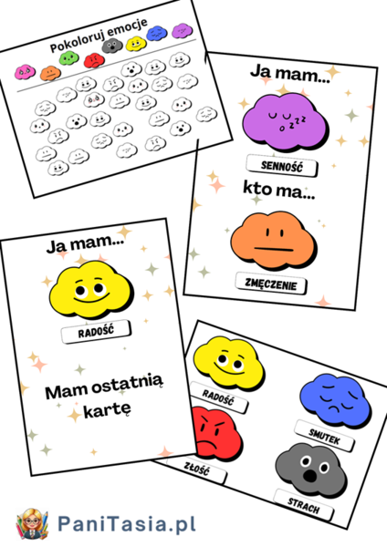EMOCJE - pakiet: karty demonstracyjne 8 sztuk, gra "Ja mam, kto ma..." + instrukcja, kolorowanka "Pokoloruj emocje", karta pracy "Jak się dziś czuję"