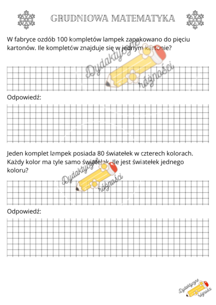Grudniowa matematyka - dzielenie w zakresie 100 (10 zadań tekstowych)