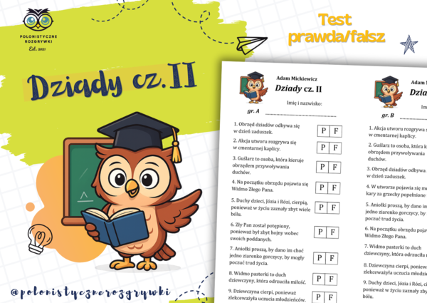Dziady cz. II. Test prawda/fałsz. Kartkówka z treści lektury. Lektura obowiązkowa