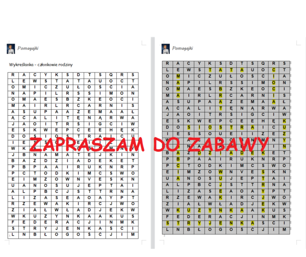 ♥♥Wykreślanka Dzień Rodziny, Dzień Mamy, Dzień Taty - członkowie rodziny