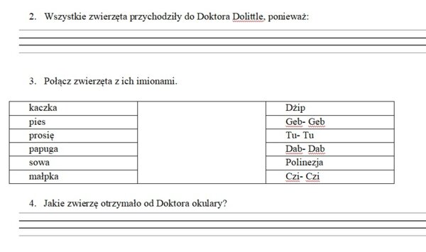 Test z lektury "Doktor Dolitlle i jego zwierzęta"