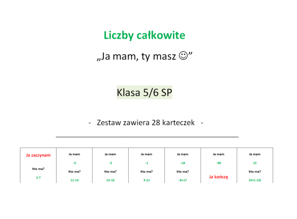 Liczby całkowite. Ja mam, ty masz. Klasa 5/6 SP.