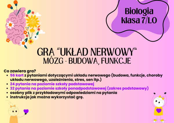 Biologia. Klasa 7/LO. Układ nerwowy. Gra edukacyjna. Mózg. Zadania + odpowiedzi.
