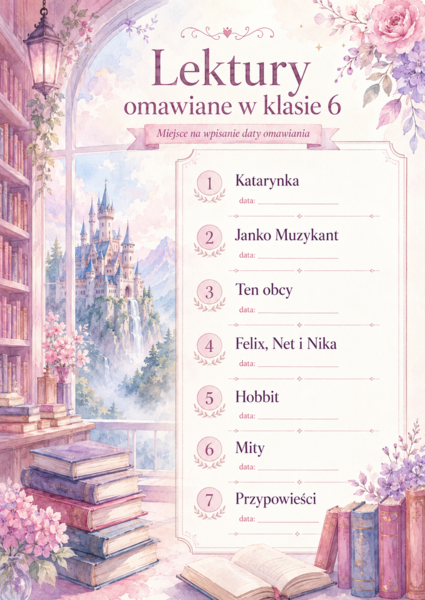 Lista lektur do klasy 6 (różne wersje) kolorowe