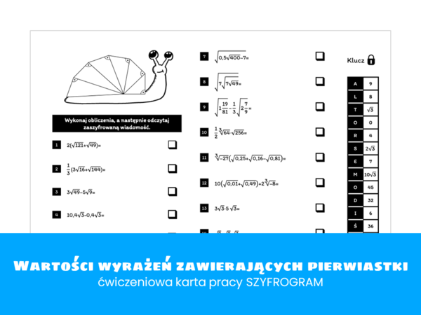 Matematyka. Klasa 8. Obliczanie wartości wyrażeń zawierających pierwiastki. Szyfrogram. Szkoła podstawowa