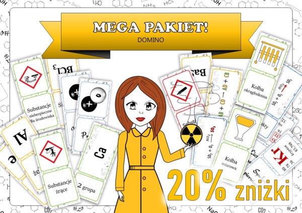 Klasa 7. Chemia. Gra dydaktyczna. Domino na każdą okazję od Pani Atomówki. MEGA PAKIET! MOC powtórki.