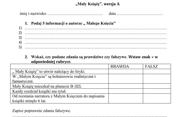 Sprawdzian z lektury Mały Książę