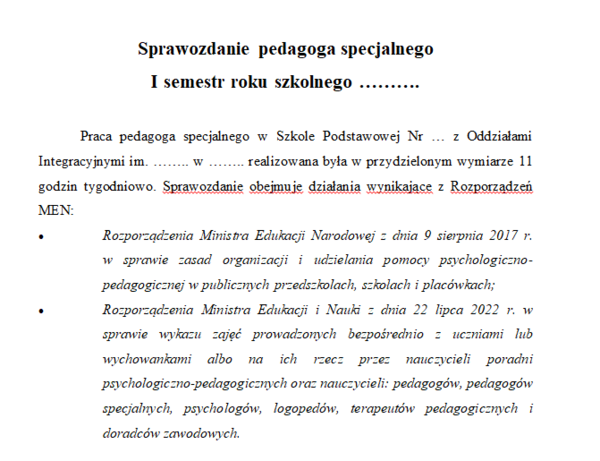 Sprawozdanie pedagoga specjalnego