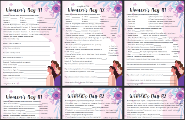 Women's Day (Dzień Kobiet) Worksheet Karty Pracy język angielski zestaw poziomy A1 – B2