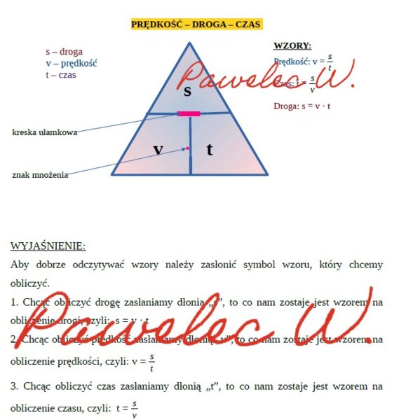 PRĘDKOŚĆ, DROGA, CZAS - plakat z wyjaśnieniem, wzór na obliczanie