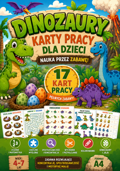 🦖 Dinozaury – Karty Pracy dla Dzieci | 17 Stron Zabawy i Nauki | PDF A4