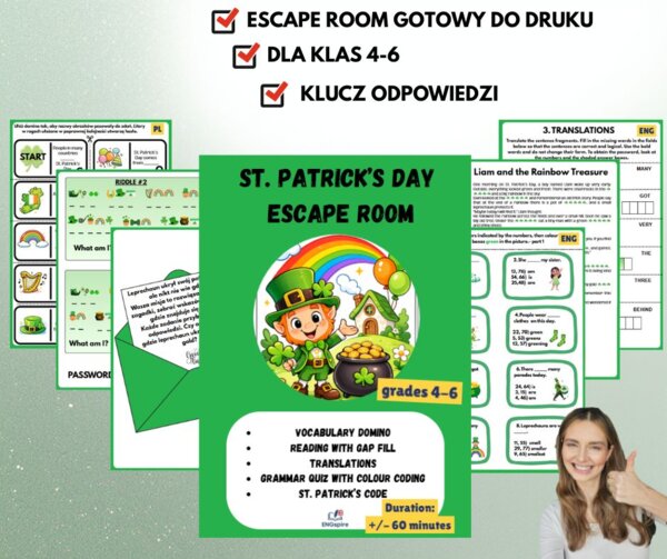 Escape Room St. Patrick’s Day – język angielski kl. 4–6 (40 stron + klucz)
