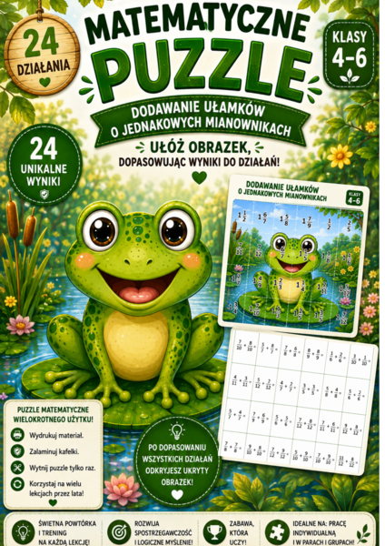 Matematyczne puzzle – dodawanie ułamków o jednakowych mianownikach | klasy 4–6 | PDF
