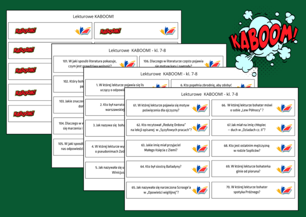 110 pytań do gry KABOOM! – lektury - kl. 7-8 - powtórka - egzamin + ODPOWIEDZI