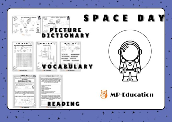Space Day - słowniczki obrazkowe + ćwiczenie na słownictwo + czytanie ze zrozumieniem