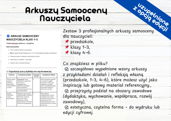 ARKUSZ SAMOOCENY NAUCZYCIELA przedszkole, klasy 1–3, klasy 4–6.