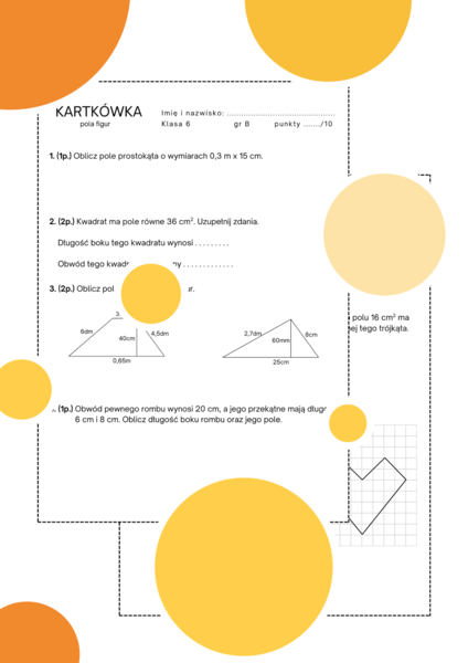 Kartkówka - pola figur. Pola wielokątów. Klasa 6