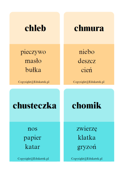 Ortograficzna zabawa typy Taboo - wyrazy z u/ó, ż/rz, h/ch