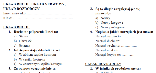 Układ ruchu, układ nerwowy, układ rozrodczy-sprawdzian