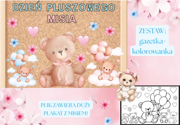 🧸 DZIEŃ PLUSZOWEGO MISIA – GAZETKA + kolorowanka| DUŻY plakat z misiem w zestawie