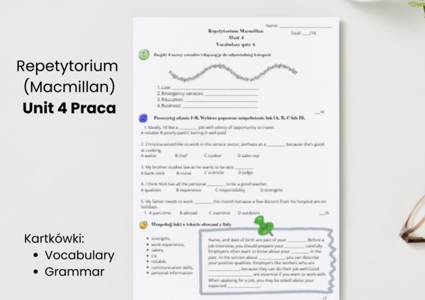 Zestaw kartkówek – Repetytorium Ósmoklasisty (Macmillan), Unit 4 Praca