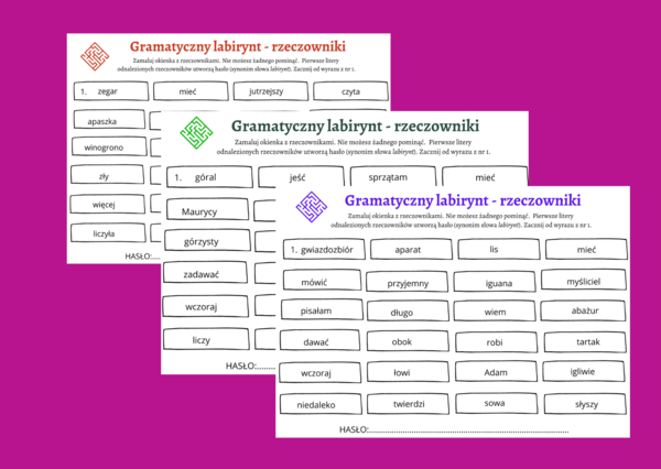 Gramatyczny labirynt - RZECZOWNIKI - rzeczownik - części mowy - karta pracy - kl.4-5