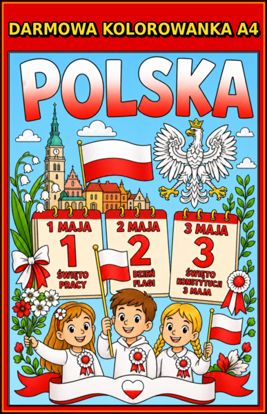 DARMOWA KOLOROWANKA A4 - ŚWIĘTA MAJOWE: 1 maja, 2 maja, 3 maja; karta pracy; dekoracja; gazetka; plakat
