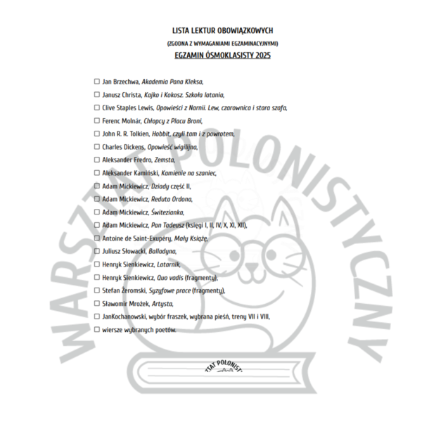 LISTA LEKTUR - EGZAMIN ÓSMOKLASISTY / DUŻA WERSJA / A4