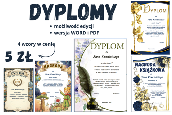 Dyplomy w formacie do edycji; wklejki do książek