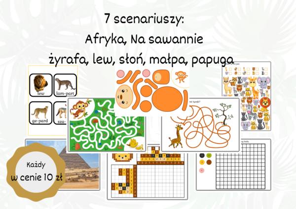 Afryka 7 scenariuszy Afryka (Wartość 12 zł) + piękny wiersz: na sawannie, lew, słoń, małpa, papuga, żyrafa