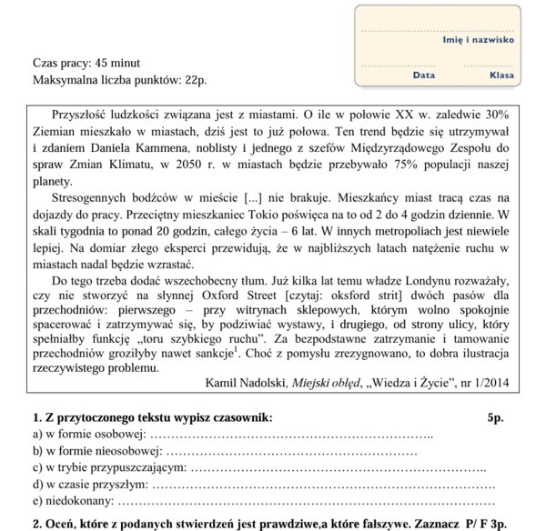 karta pracy/sprawdzian " Czasownik"