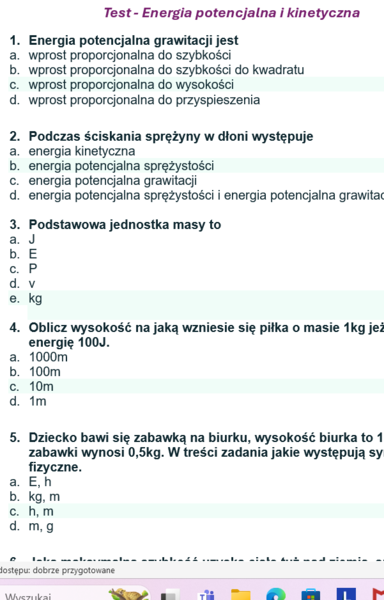 Test Energia potencjalna i kinetyczna.