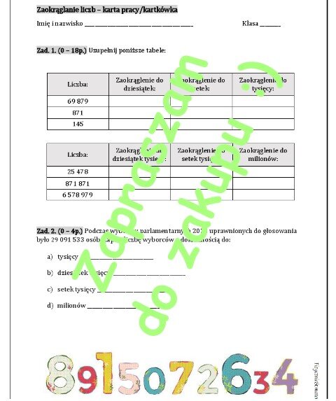 Zaokrąglanie liczb naturalnych - karta pracy lub kartkówka
