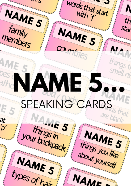 NAME 5 - 120 kart - speaking cards - angielski - mówienie - gra językowa - słownictwo - A1-B1 - egzamin ósmoklasisty - matura ustna