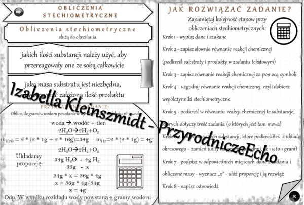 Sketchnotka - notatka „Obliczenia stechiometryczne” wykonana w power point do edycji. Chemia 7, „Ważne prawa”