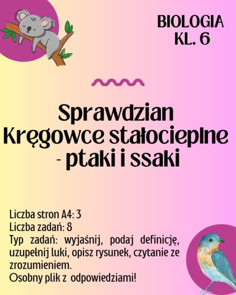 Biologia. Klasa 6.Kręgowce stałocieplne - ptaki i ssaki. Sprawdzian. Karta odpowiedzi.
