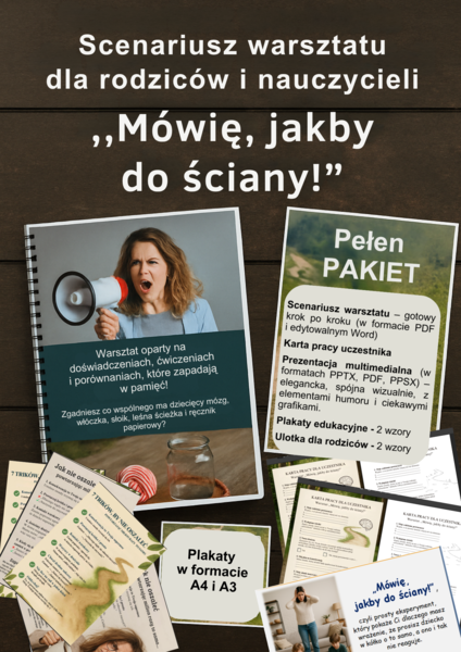 Warsztat dla rodziców / nauczycieli "Mówię, jakby do ściany!"- scenariusz, prezentacja, plakaty, karty pracy, ulotki