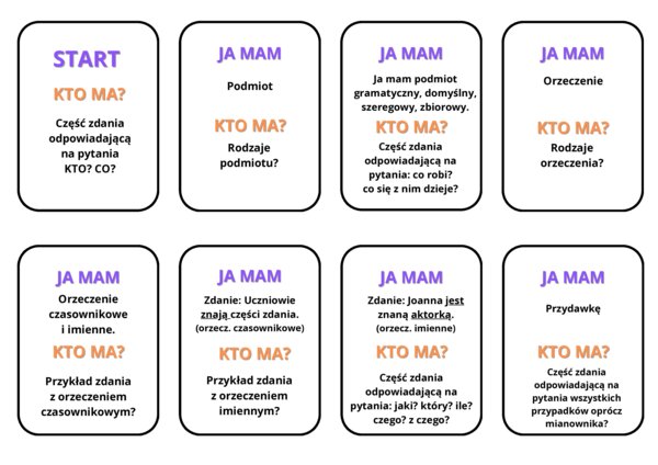Części zdania- gra w domino (wersja bez koloru) #części zdania #powtórka #powtórzenie materiału