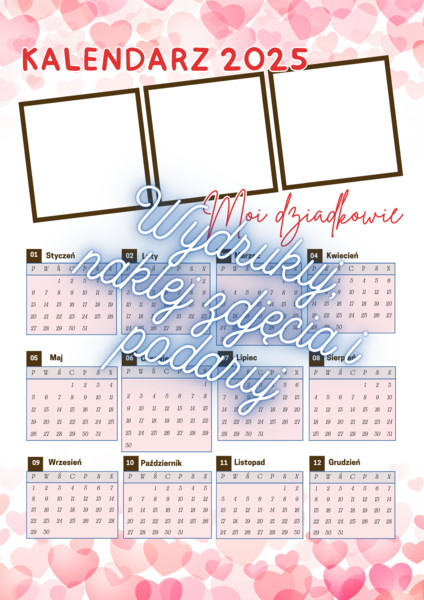 Kalendarz dla babci i dziadka z miejscem na zdjęcia lub rysunki – do druku