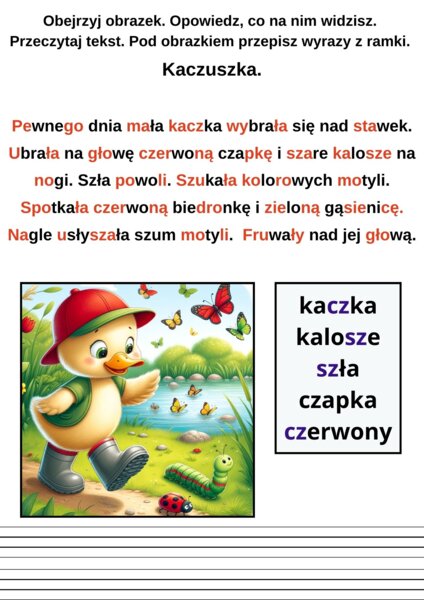 Kaczuszka. Materiał wspomagający do klasy 1. Utrwalenie dwuznaków sz, cz.