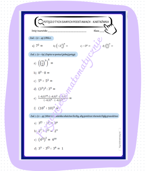 Potęgi o tych samych podstawach - kartkówka/karta pracy (klasa 7).