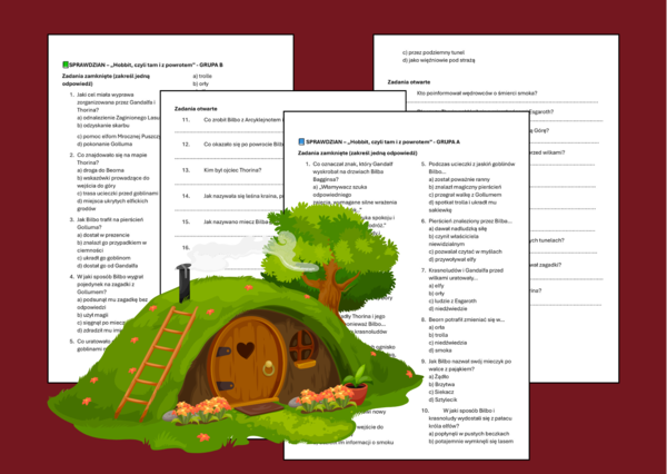 🧙‍♂️Sprawdzian z treści lektury „HOBBIT, czyli tam i z powrotem” (2 grupy + klucz odpowiedzi + BONUS)