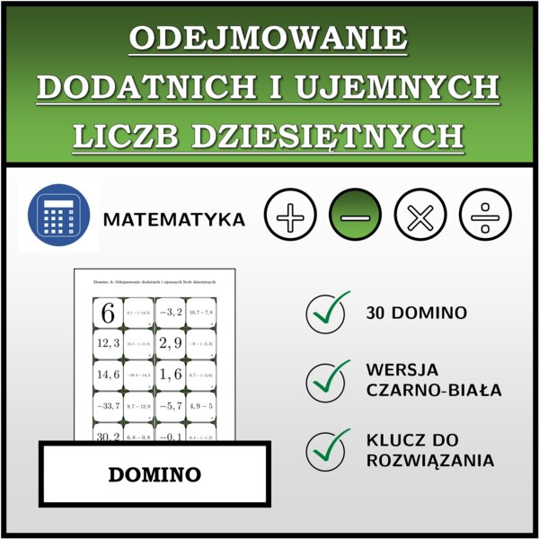 Domino - Odejmowanie dodatnich i ujemnych liczb dziesiętnych | matematyka