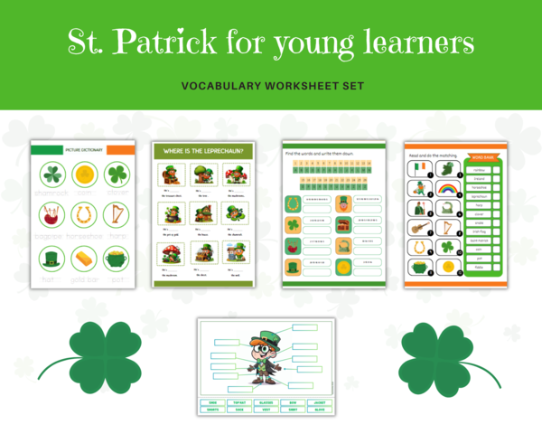 Saint Patrick's Day for Young Learners - Dzień Świętego Patryka dla uczniów klasy 1-2, zestaw, karty pracy, ćwiczenia na słownictwo, części garderoby, przyimki miejsca,
