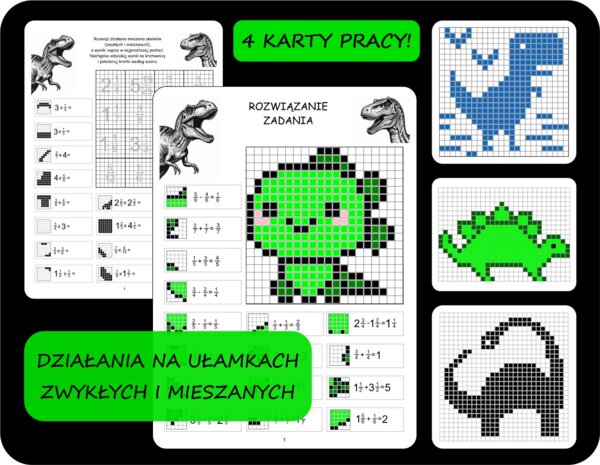 Działania na ułamkach zwykłych, mieszanych, kodowanki/bloksy : dinozaury. Dodawanie, odejmowanie, mnożenie ułamków, kolorowanka matematyczna ułamki