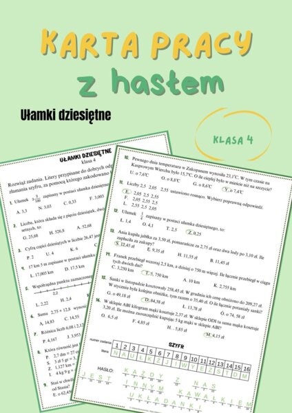 Ułamki dziesiętne, klasa 4, powtórzenie wiadomości, karta pracy z hasłem, rewalidacja, dzień tolerancji